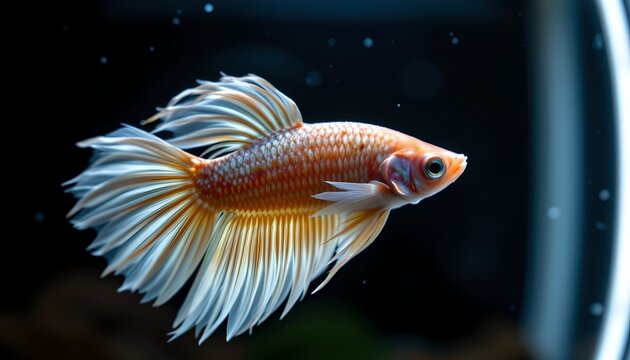 A close up image features a goldfish with elongated fins, likely in an aquarium setting