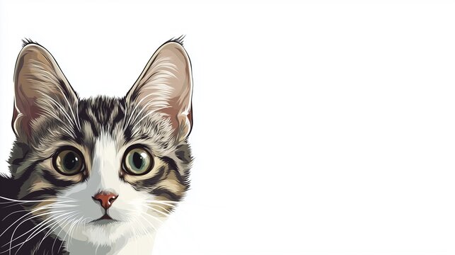 Portrait illustration of a cute gray tabby cat with white background, domestic pet animal concept for art, design, and feline character depiction. - Powered by Adobe