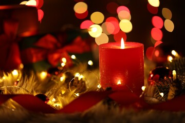 Burning candle, fir tree branches, ribbon and festive lights on faux fur against black background with blurred lights, closeup. Bokeh effect