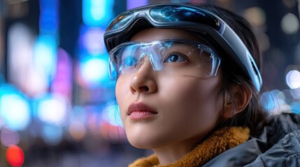 Woman wearing futuristic headset in urban setting