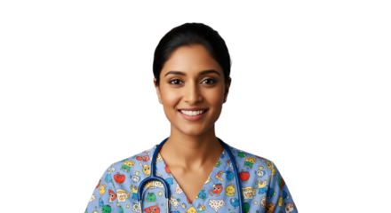Smiling South Asian pediatric nurse, 30s, in cheerful scrubs, isolated on transparent background. Ideal for healthcare, medical, wellness, flu season, education, patient care,
