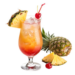Tropical cocktail with pineapple and cherry isolated on transparent background