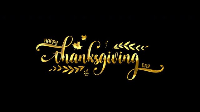 Golden happy thanksgiving day text animation with leaves. Suitable for thanksgiving social media posts, greeting cards, invitations, and autumn themed designs.