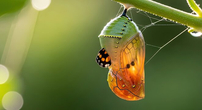 Monarch Butterfly Chrysalis Emerging with Spiderweb Dew Drops.