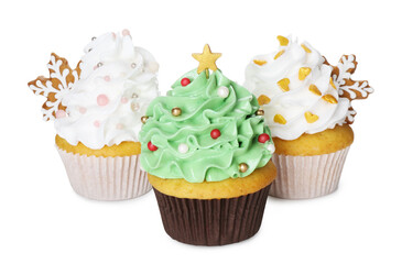Festively decorated Christmas cupcakes isolated on white