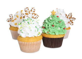 Festively decorated Christmas cupcakes isolated on white