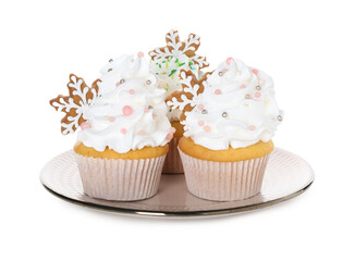 Tasty cupcakes with Christmas decor isolated on white