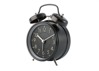 Black twin bell alarm clock isolated on transparent background