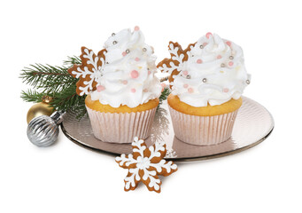 Tasty cupcakes with Christmas decor isolated on white