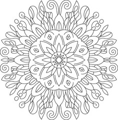 Intricate mandala line art design, detailed circular floral pattern for coloring book, meditation artwork, relaxation therapy, and decorative vector illustration