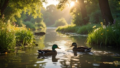 Two ducks glide on a tranquil river, sunlight dappling the water and highlighting lush greenery along the banks
