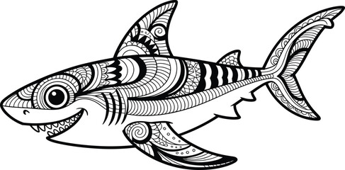 Intricate shark zentangle illustration, black and white detailed line art design for adult coloring books and marine animal artwork