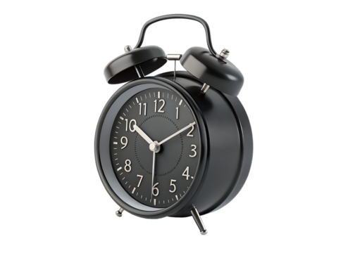 Black twin bell alarm clock isolated on transparent background