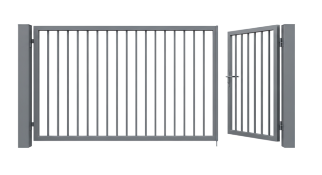 Gray Metal Fence Gate with Vertical Bars and Open Section, cutout, PNG isolated on white or transparent background