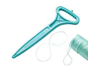 Turquoise dental floss holder with floss isolated on transparent background