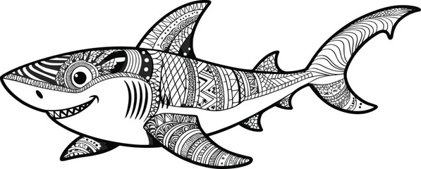 Intricate shark zentangle illustration, black and white detailed line art design for adult coloring books and marine animal artwork