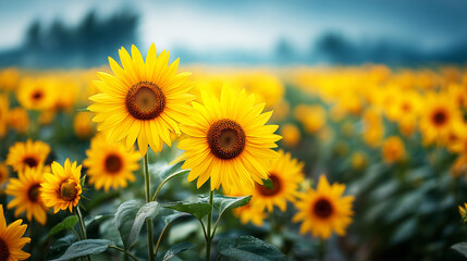 Obraz premium Bright sunflowers reach toward the light against a soft blue sky and summer field. 