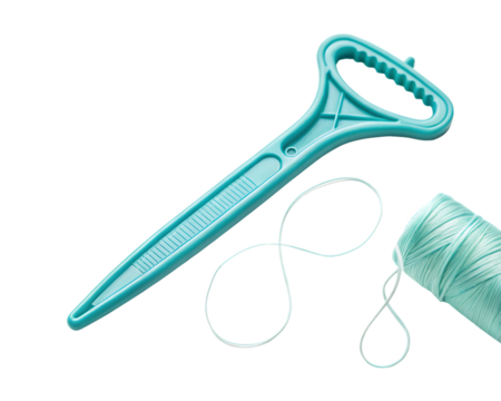 Turquoise dental floss holder with floss isolated on transparent background