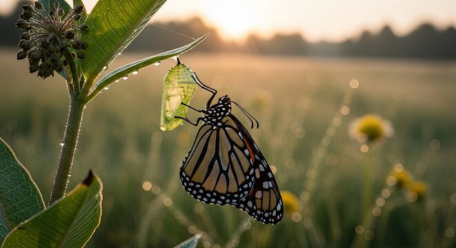 Monarch butterfly emerging from chrysalis at sunrise in a meadow.