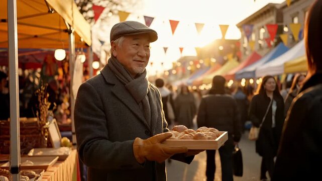 man offers tray with bread and pastry at market stall. bunting and tent line busy walkway. crowd moves between stalls under warm sunlight. tray rests on wooden table next to paper bag and label.