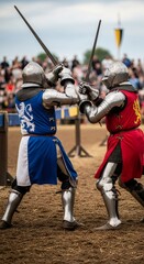 Two men, knights in full armor, engage in a swordfight during a medieval reenactment battle for historical festivals and events.