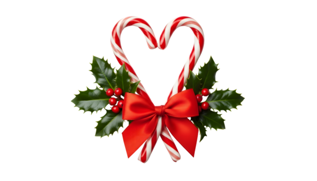 Heart shaped candy canes adorned with a red satin bow and festive holly berries and leaves on a black background