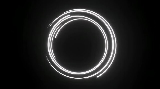 Abstract glowing white concentric broken circles against a dark background, creating a futuristic digital design.