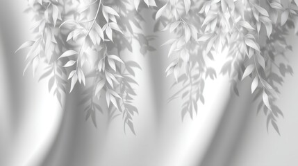 Elegant white leaves shadows on soft fabric background, creating a serene and minimalistic atmosphere for design and interior decoration themes