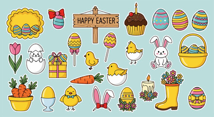 A vibrant collection of cartoon Easter-themed illustrations featuring bunnies, chicks, eggs, carrots, and festive decorations on a light blue background.
