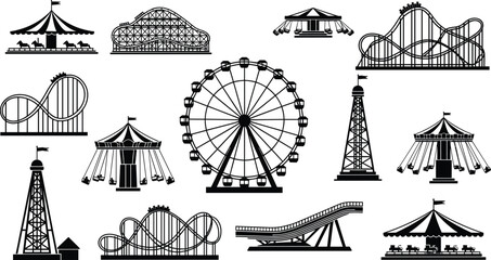 Amusement park ride silhouettes, roller coaster vector, Ferris wheel icon, carousel illustration, swing ride drawing, black and white theme © Mostafizar