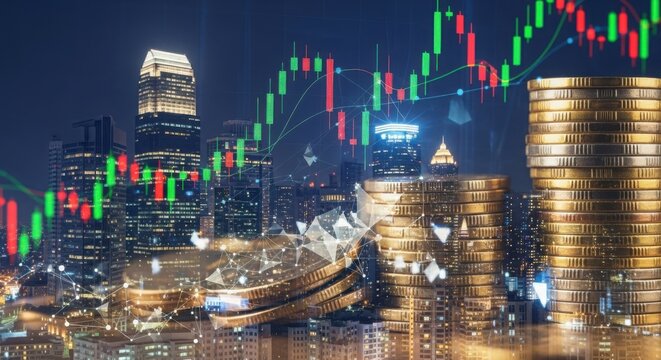 Financial growth illuminated by cityscape and rising stock market charts