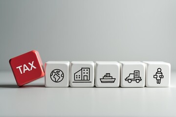 A red cube labeled "TAX" leans against a row of white cubes featuring icons representing global trade, real estate, shipping, logistics, and people  symbolizing the role of taxation in economic activi