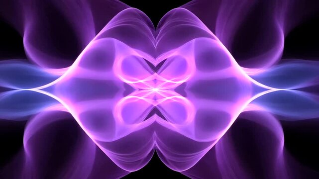 Abstract purple wavy shapes mirror across a horizontal axis on a black background