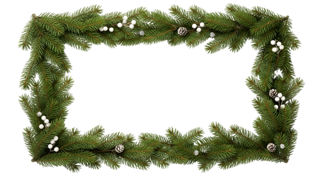 Festive green christmas garland with white lights forming a decorative frame on a black background