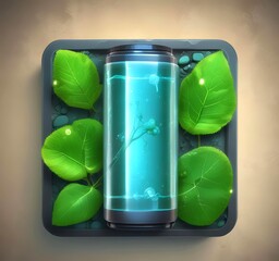 Battery icon filled with green leaves and water bubbles