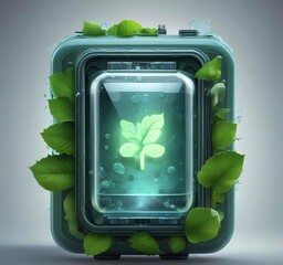 Battery icon filled with green leaves and water bubbles