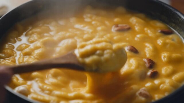boiling korean pumpkin porridge with steam and nuts &ndash; top view of warm hobakjuk