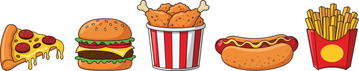 Fast food cartoon vector, pizza, burger, fried chicken, hot dog, French fries, snack icons, colorful illustration, restaurant menu design