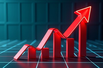 A futuristic financial chart with glowing red and cyan arrows indicating strong upward market trends, set against a sleek digital grid background.