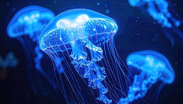 Abstract Marine Life Featuring Bioluminescent Jellyfish Floating in Dark Blue Ocean Environment with Gentle Light and Elegant Tentacles - Powered by Adobe
