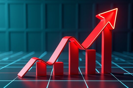 A futuristic financial chart with glowing red and cyan arrows indicating strong upward market trends, set against a sleek digital grid background. - Powered by Adobe