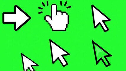 Animated collection of various computer mouse cursors and pointers including arrow hand and clicking icons moving and interacting on a vibrant green screen background for digital interface concepts a.