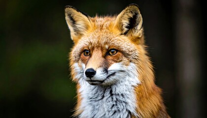 Naklejka premium A close-up portrait showcases a vibrant red-furred fox with intelligent eyes. The forest background is blurred, enhancing the fox's focus