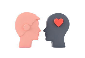 Abstract Pink and Gray Human Head Sculptures with Heart Symbol on Gray Head