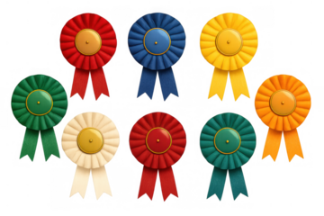 Colorful rosette ribbons representing awards, prizes, and winning recognition, available on a transparent background