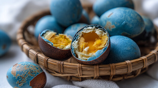 Close up of a basket filled with blue easter eggs and a halved egg showing the yolk