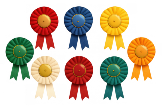 Colorful rosette ribbons representing awards, prizes, and winning recognition, available on a transparent background