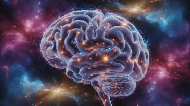 Illuminated Human Brain With Neural Network And Cosmic Nebula Backdrop mind consciousness - Powered by Adobe