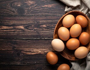 Top-down view features a rustic wooden bowl filled with fresh eggs atop a dark wood table, alongside a folded linen