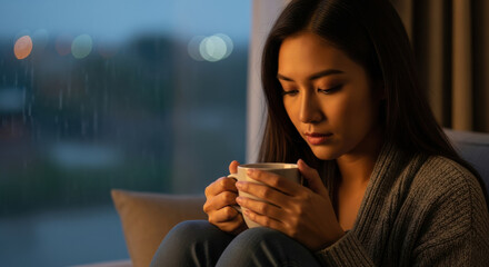 Woman sits quietly, holding cup of tea, reflecting on her thoughts during rainy evening